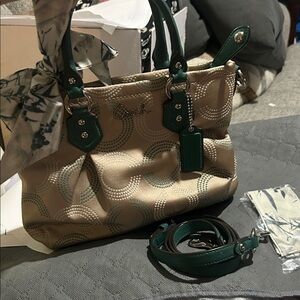 Coach Tan and Green Satchel